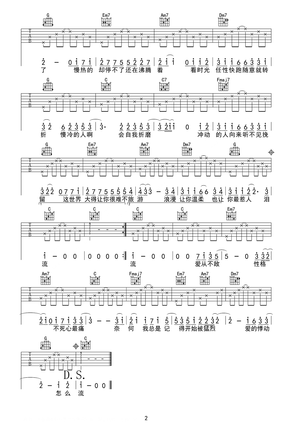 慢冷吉他谱-梁静茹《慢冷》C调原版弹唱六线谱-高清图谱