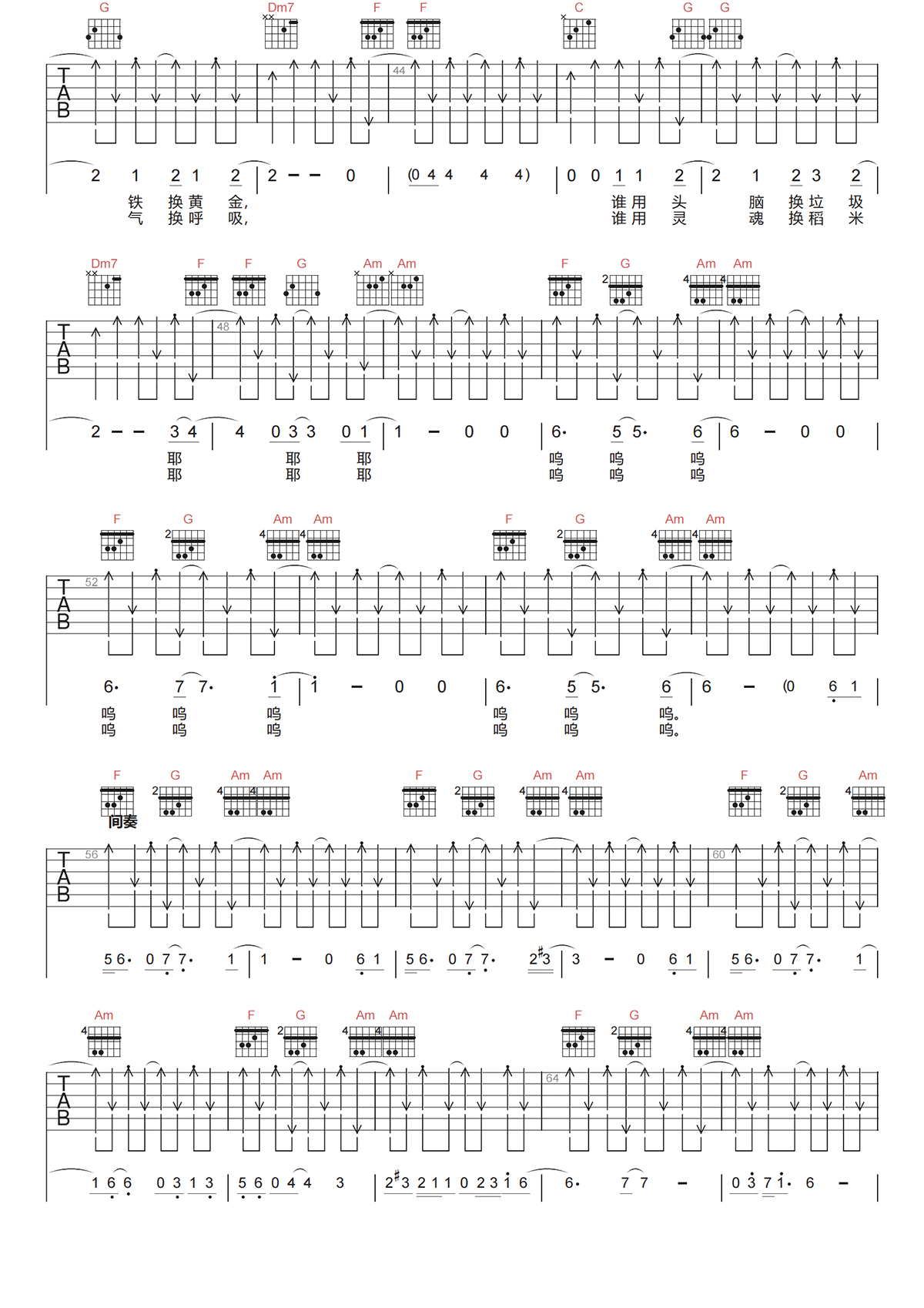 万能青年旅店《乌云典当记吉他谱》C调原版六线谱 万能青年旅店《乌云典当记吉他谱》C调原版六线谱