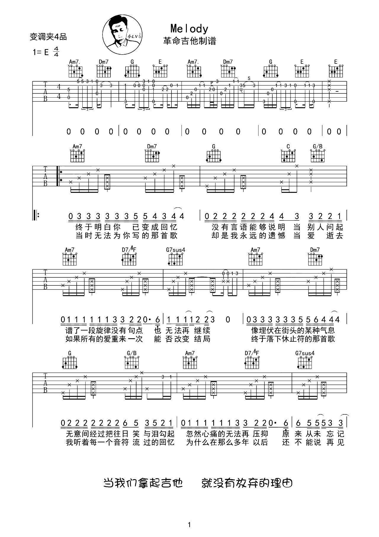 Melody吉他谱-陶喆-C调原版六线谱-弹唱教学视频 Melody吉他谱-陶喆-C调原版六线谱-弹唱教学视频