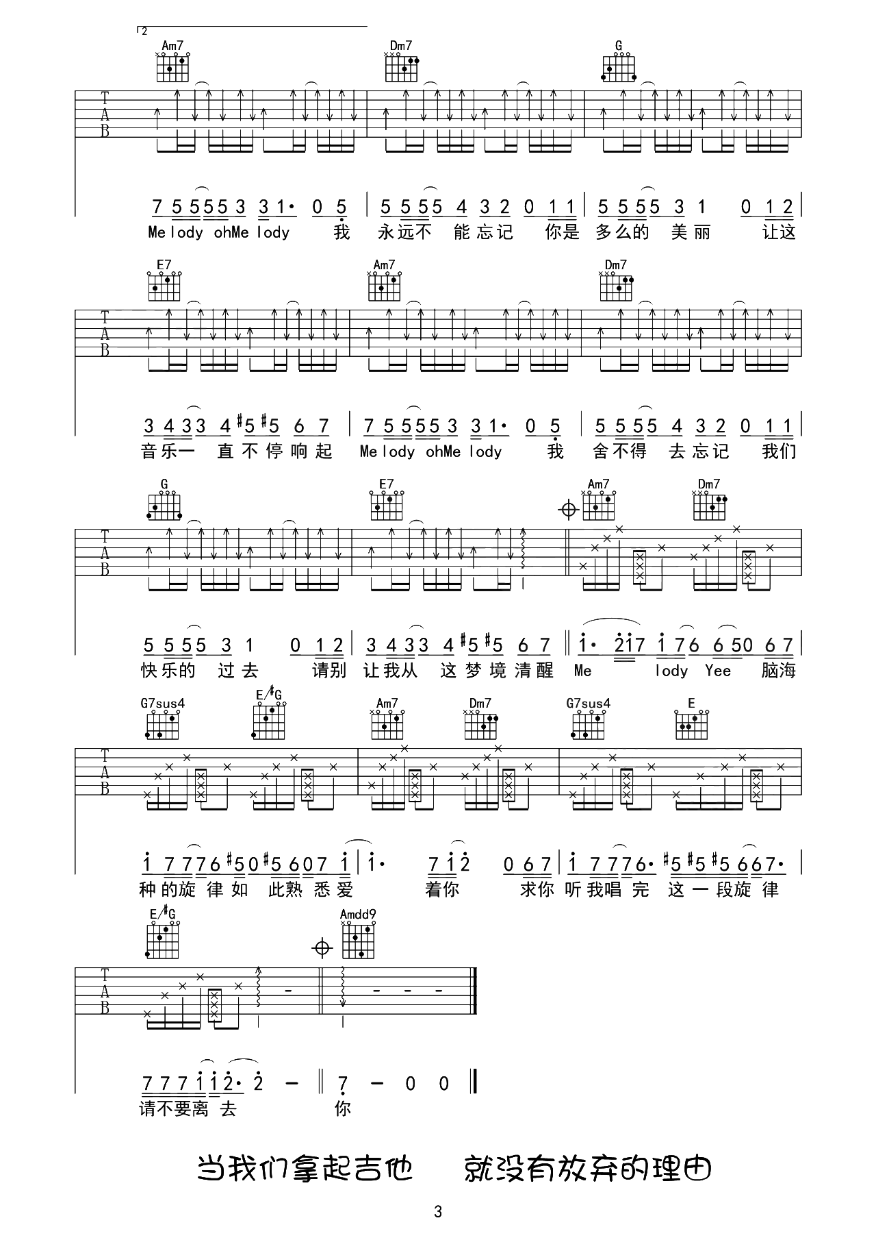 Melody吉他谱-陶喆-C调原版六线谱-弹唱教学视频 Melody吉他谱-陶喆-C调原版六线谱-弹唱教学视频