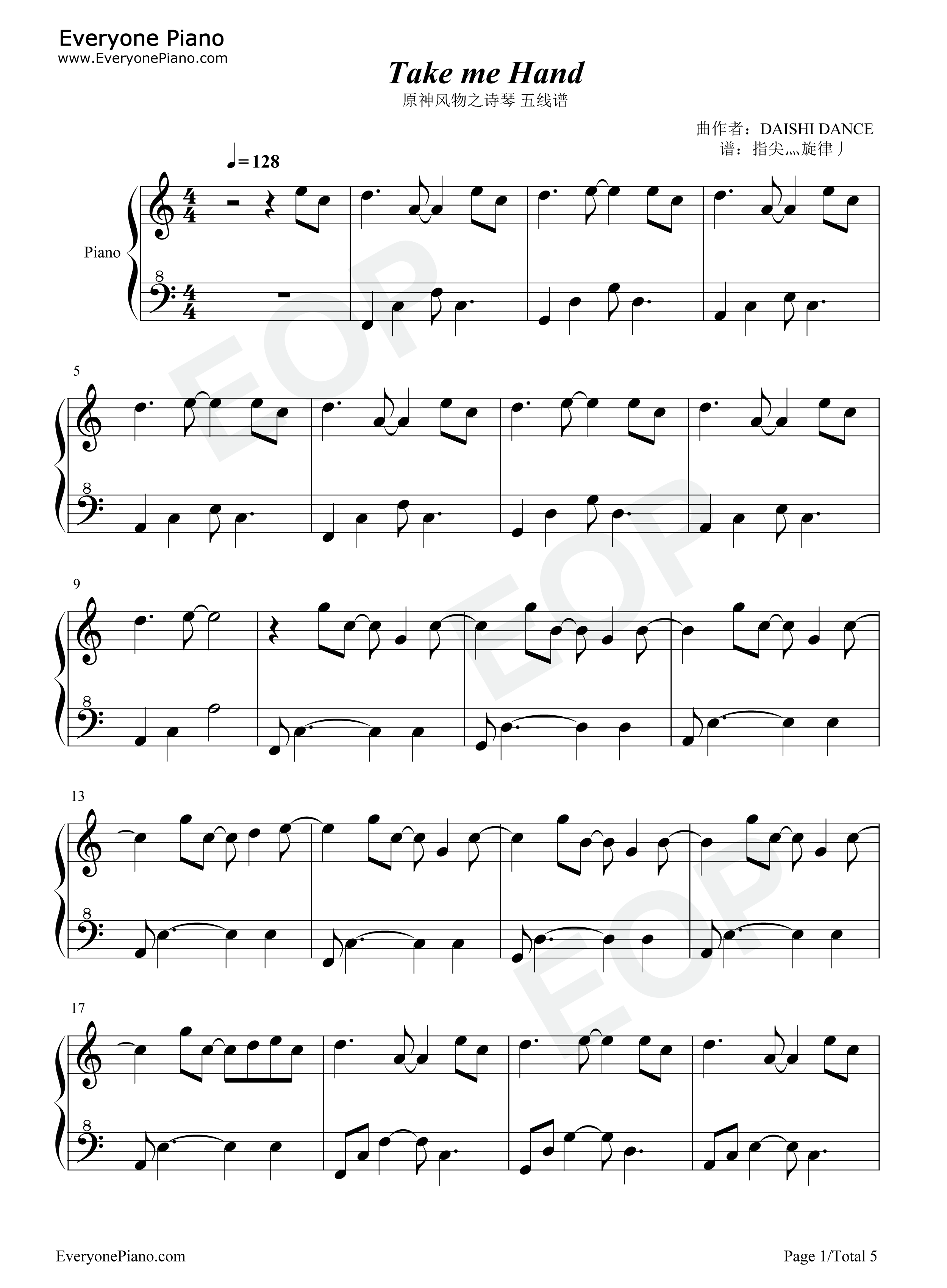 Take Me Hand钢琴谱-钢琴独奏五线谱 Take Me Hand钢琴谱-钢琴独奏五线谱