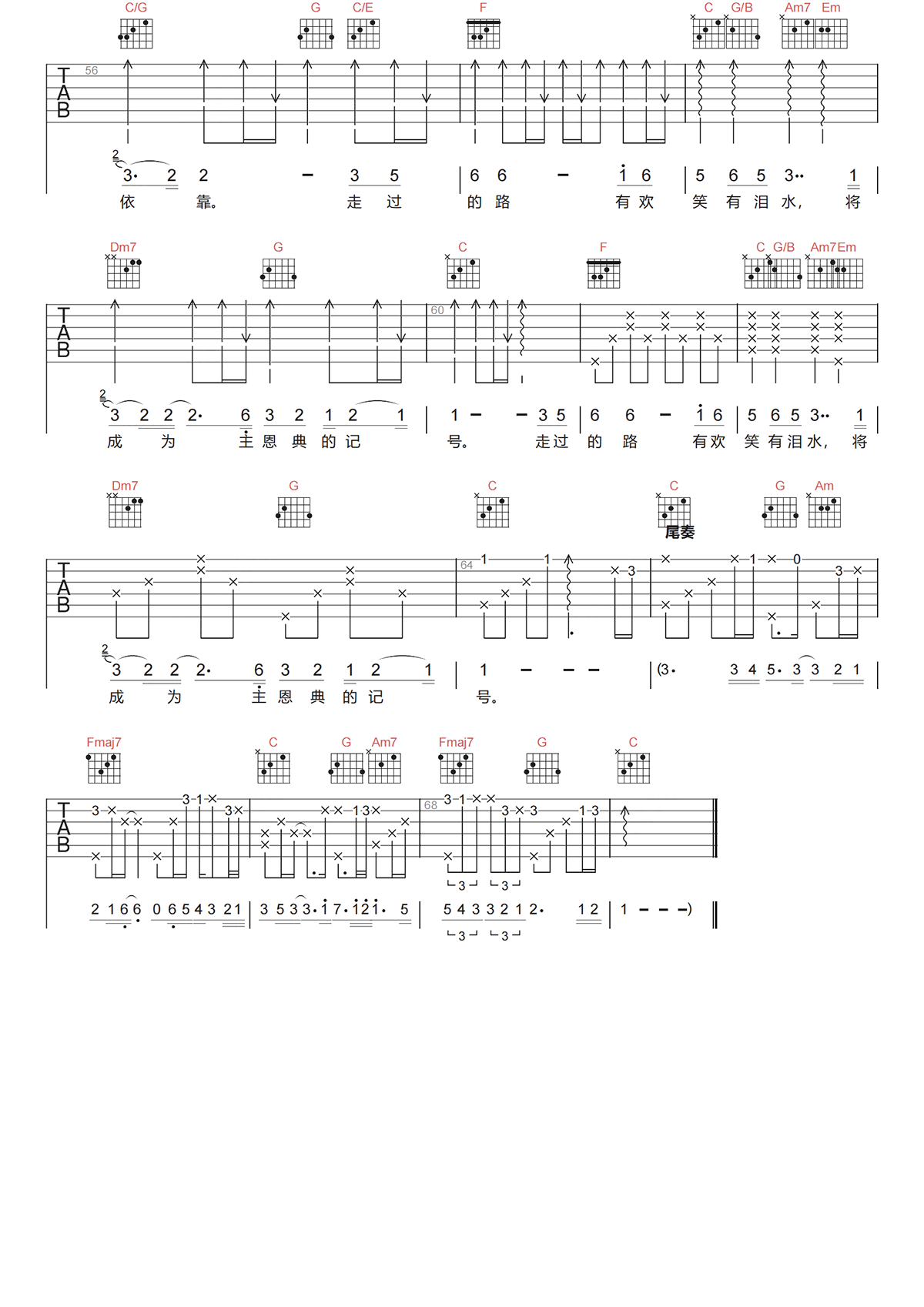 盛晓玫《恩典的记号吉他谱》C调原版六线谱