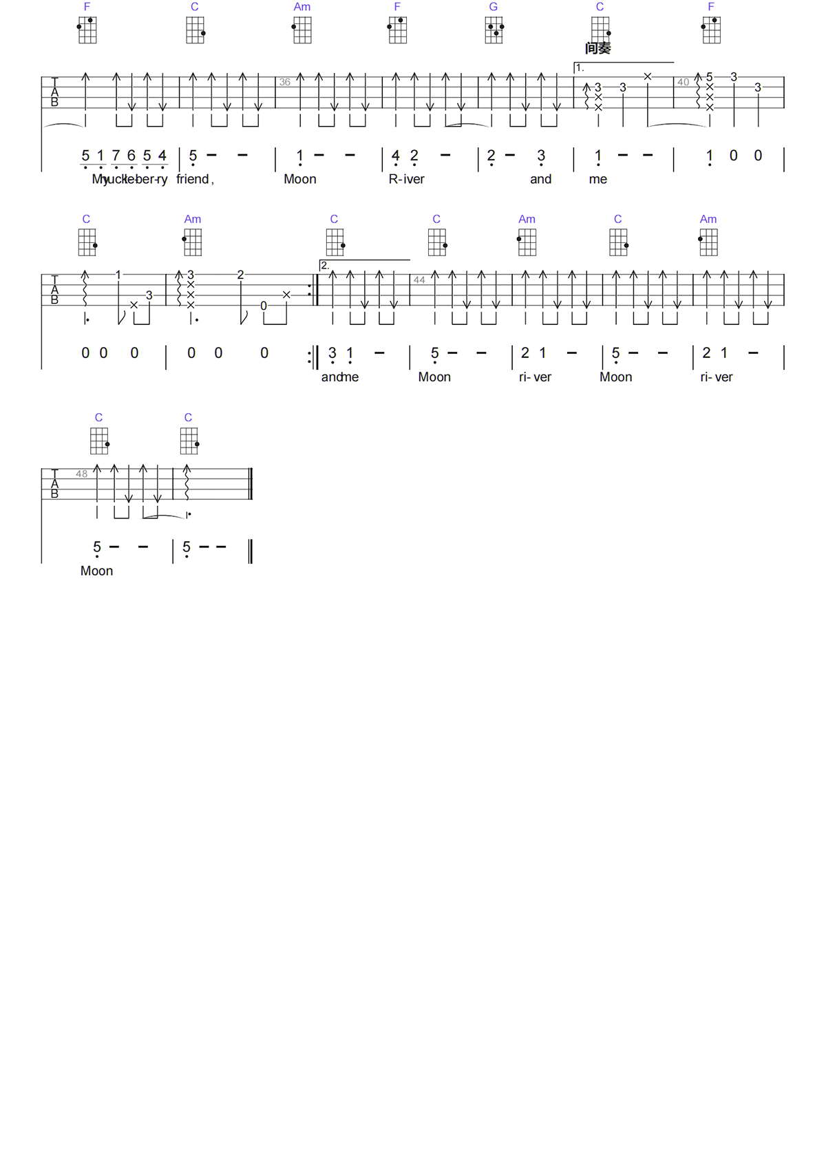 MOONRIVER尤克里里谱-ANDY WILLIAMS-C调原版弹唱谱 MOONRIVER尤克里里谱-ANDY WILLIAMS-C调原版弹唱谱