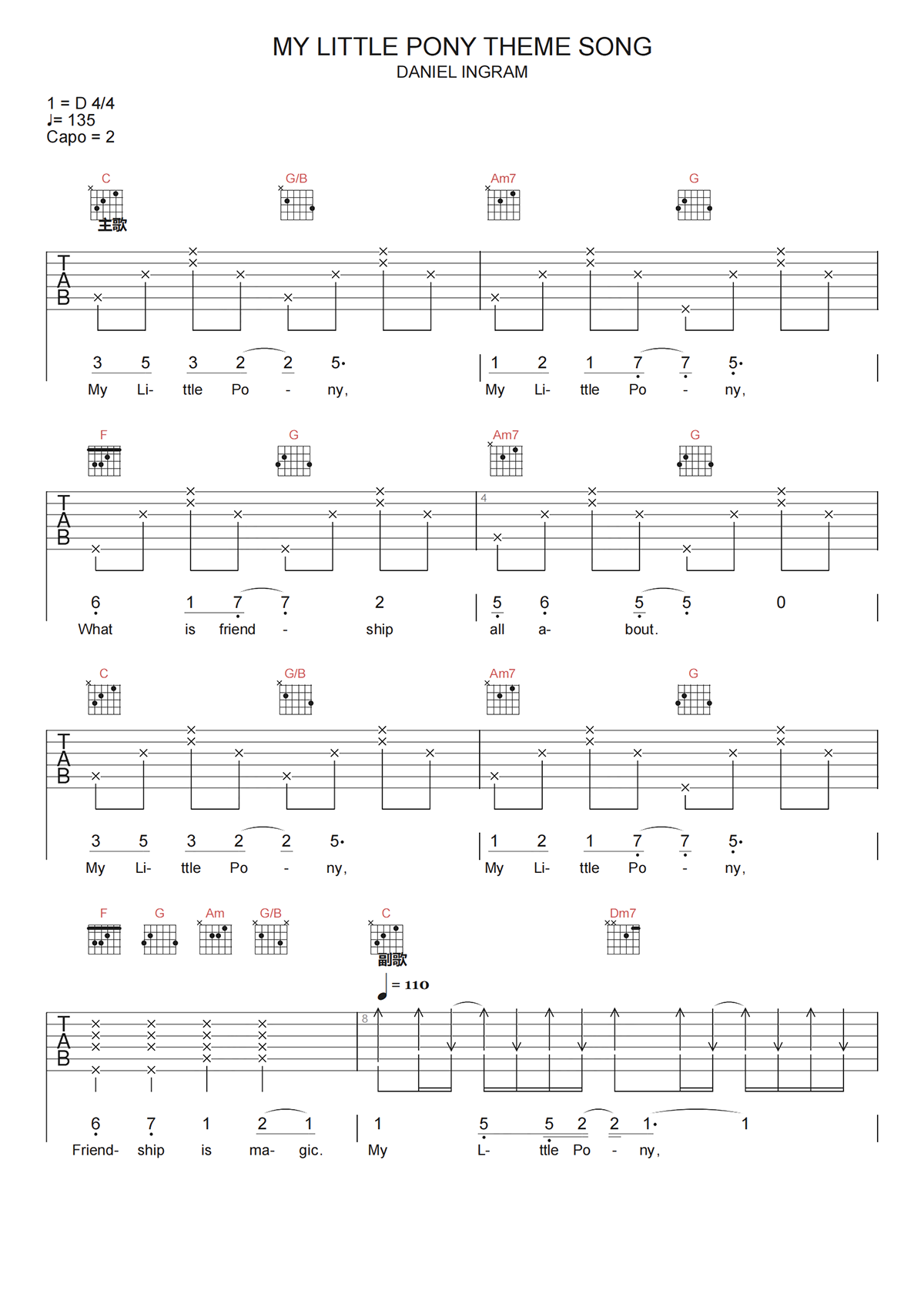 My Little Pony Theme Song吉他谱-Daniel Ingram-C调原版六线谱 My Little Pony Theme Song吉他谱-Daniel Ingram-C调原版六线谱