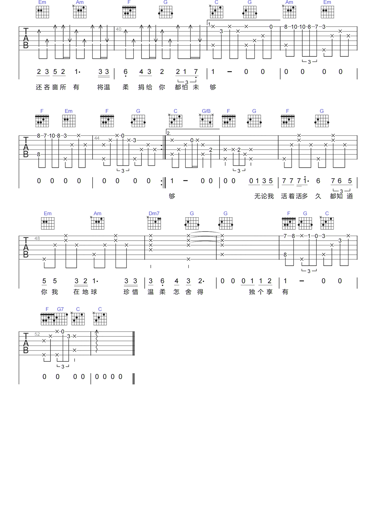 郑秀文《交换温柔吉他谱》C调高清原版六线谱 郑秀文《交换温柔吉他谱》C调高清原版六线谱