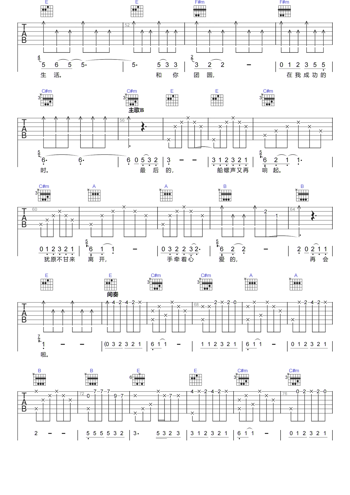 《再会吧我的心上人》,动力火车（六线谱 调六线吉他谱-虫虫吉他谱免费下载