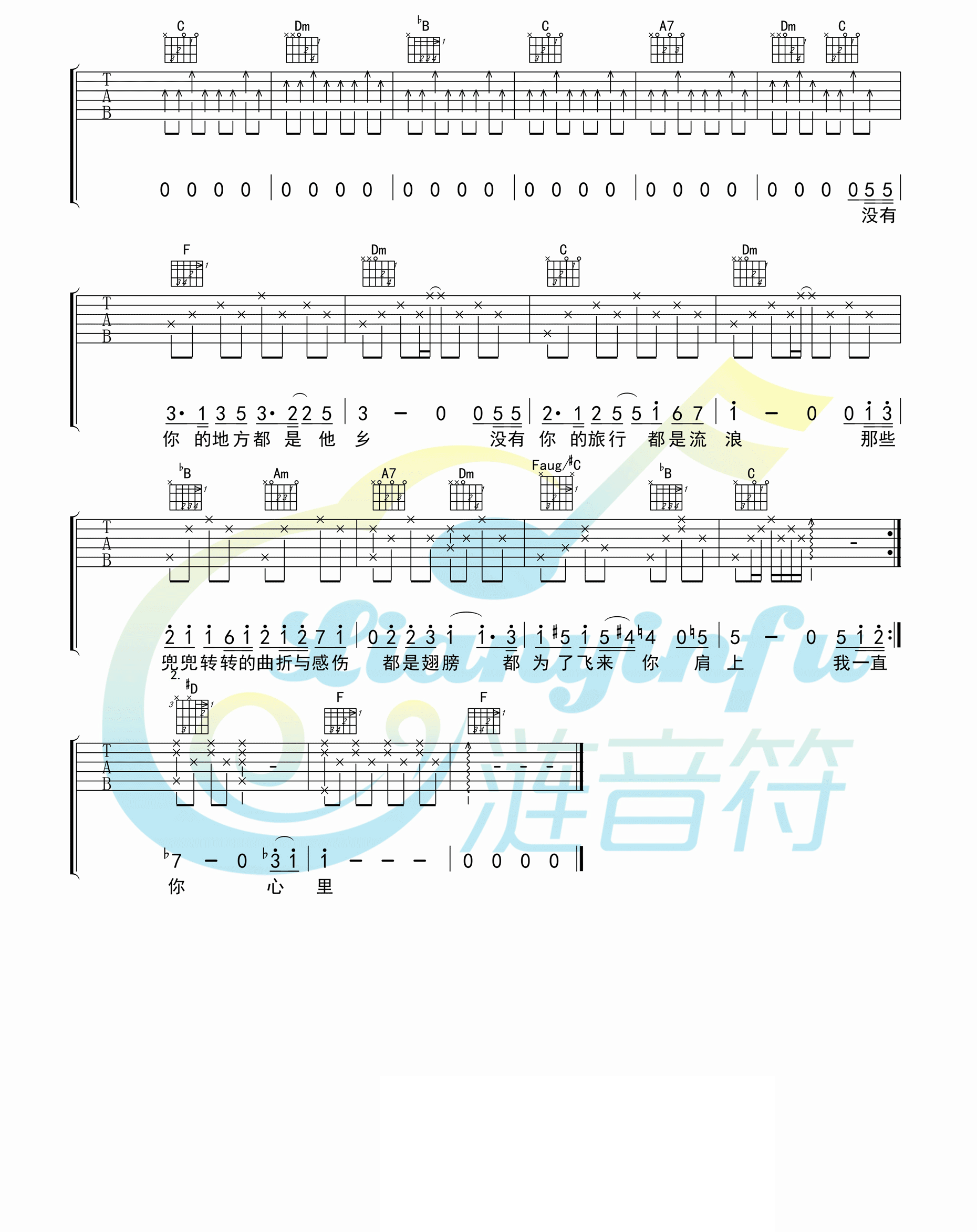 王菲《你在终点等我吉他谱》F调原版六线谱