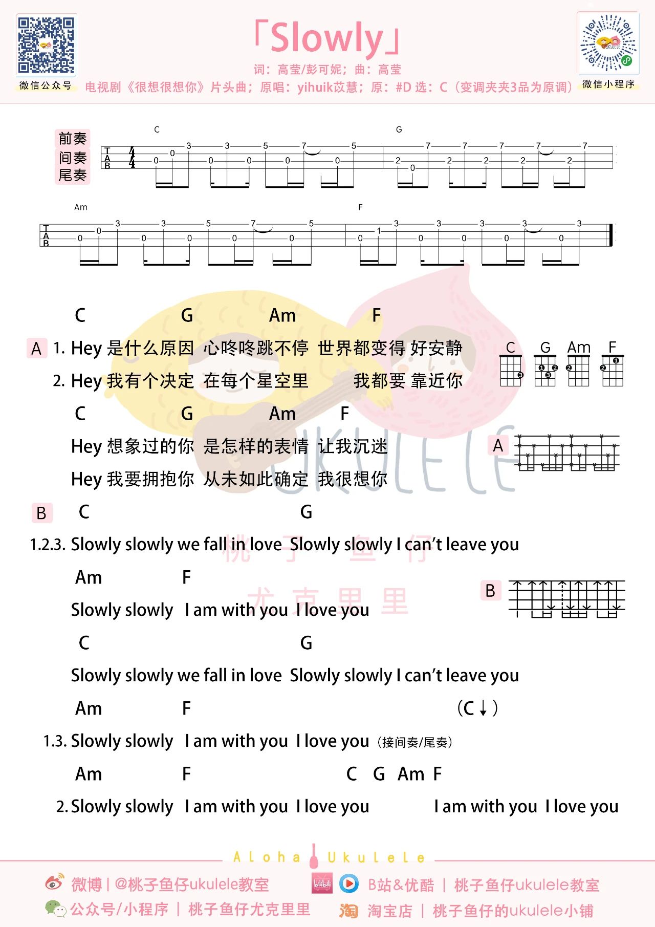 Slowly尤克里里谱-yihuik苡慧-C调弹唱谱 Slowly尤克里里谱-yihuik苡慧-C调弹唱谱