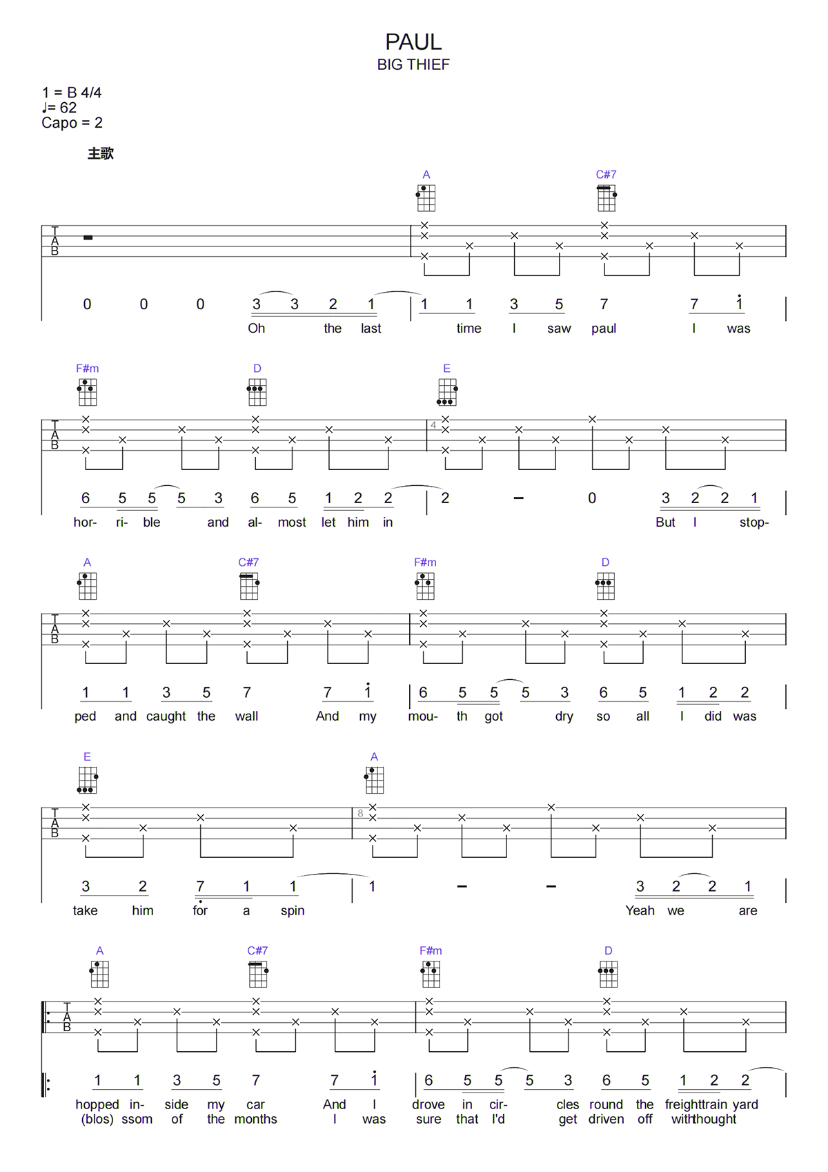 PAUL尤克里里谱-BIG THIEF-C调弹唱谱-曲谱热