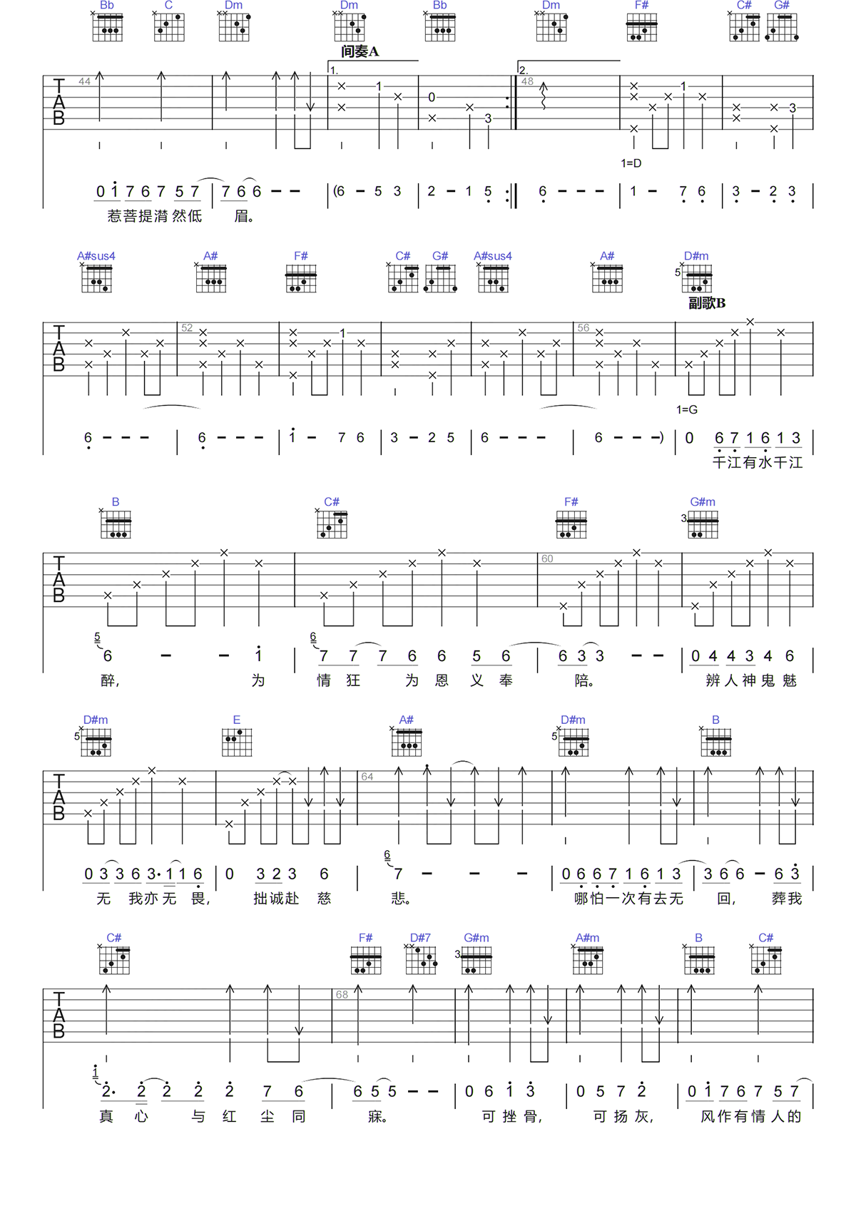张杰《红尘录吉他谱》F调原版六线谱