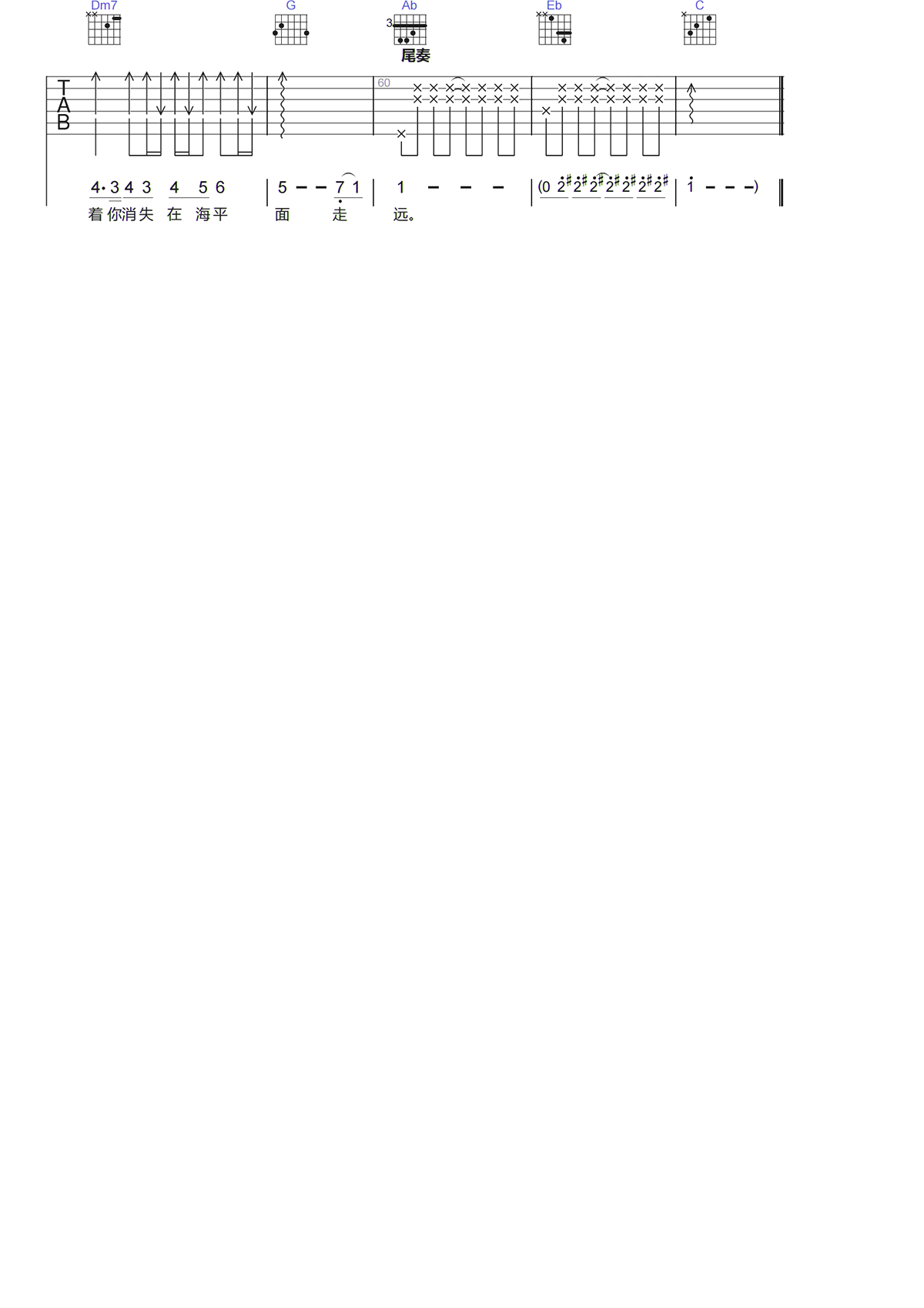 鬼鬼GMER《落日与鲸吉他谱》C调原版六线谱 鬼鬼GMER《落日与鲸吉他谱》C调原版六线谱