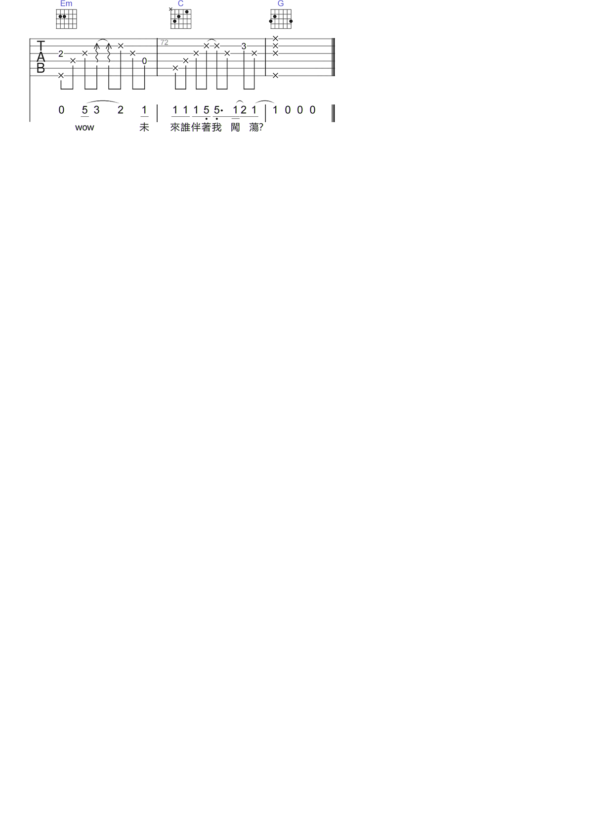 康姆士《我试过了吉他谱》G调原版六线谱 康姆士《我试过了吉他谱》G调原版六线谱