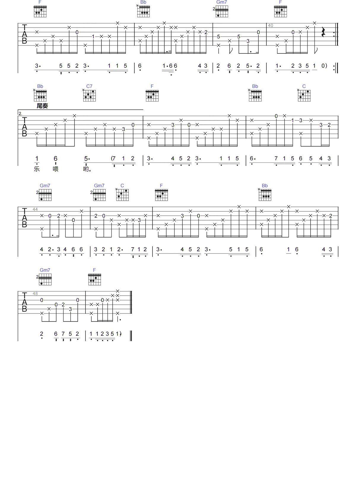 娜海《牛角弯弯吉他谱》F调原版六线谱